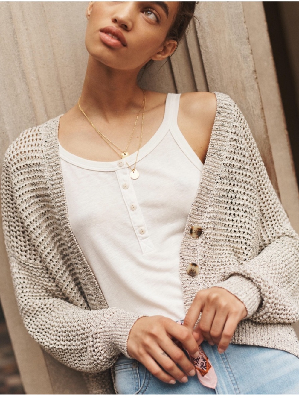 Madewell Marled Hartley Cardigan Sweater Light Beige Open-Knit Button XXS